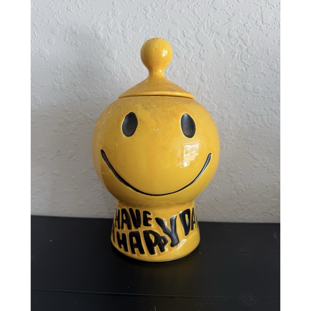 Vintage 70s McCoy Have A Happy Day Smiley Face Cookie Jar Yellow Ceramic w/ Lid